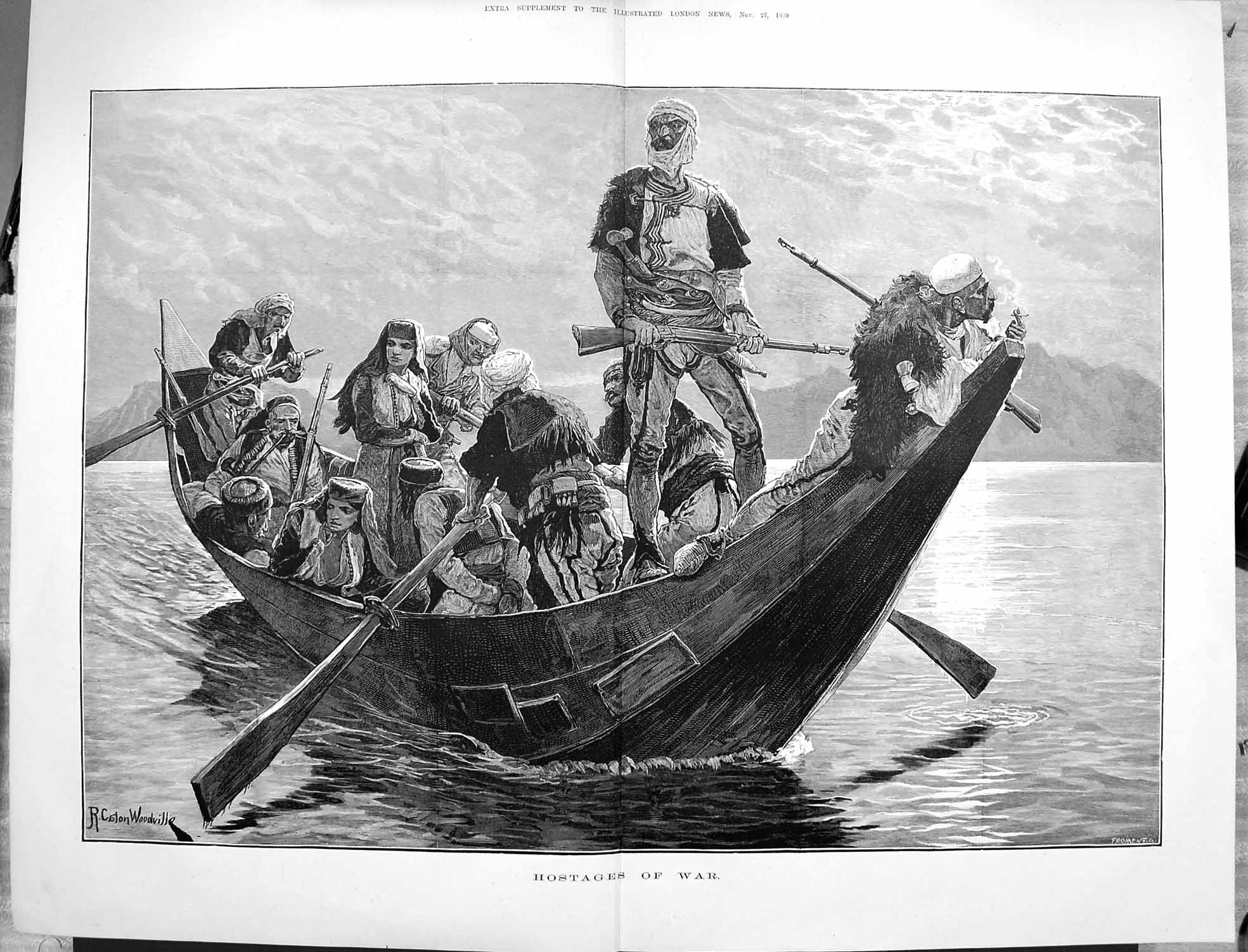 Original Old Antique Print 1880 Hostages War Boat Natives Weapons Guns F 19th