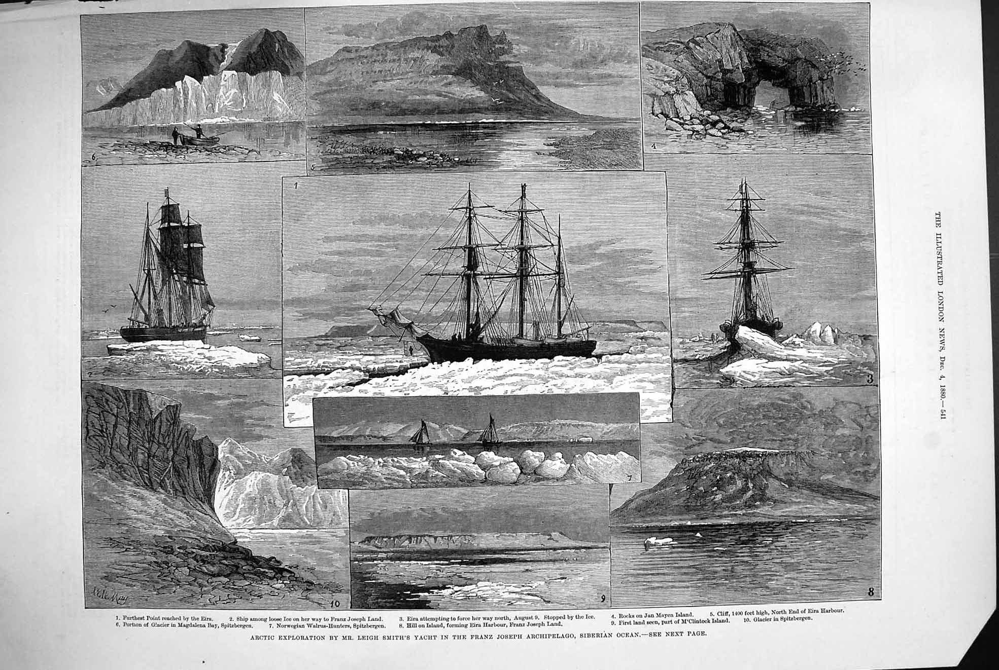 Old Antique Print 1880 Arctic Leigh Smith Yacht Franz Joseph Ships Eira 19th