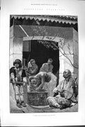 Original Old Antique Print 1880 Scene Public Wash Dulcigno Native Men Music