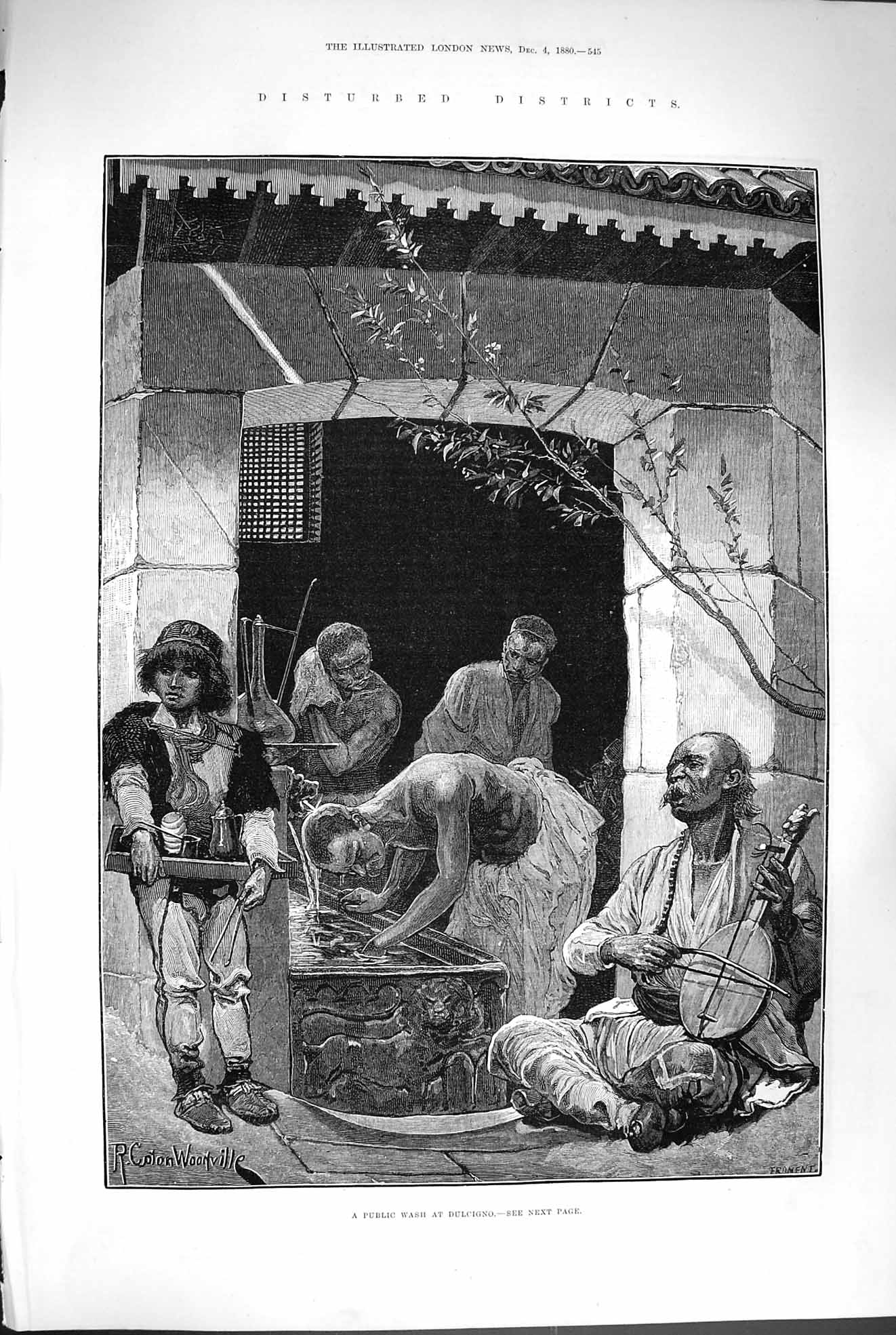 Original Old Antique Print 1880 Scene Public Wash Dulcigno Native Men Music