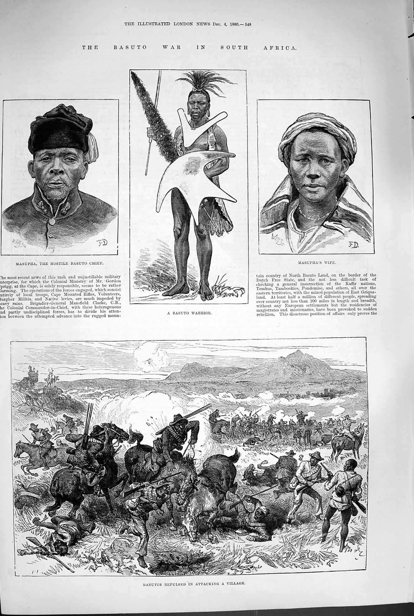 Original Old Antique Print 1880 Basuto War Africa Warrior Masupha Thaba Bosigo