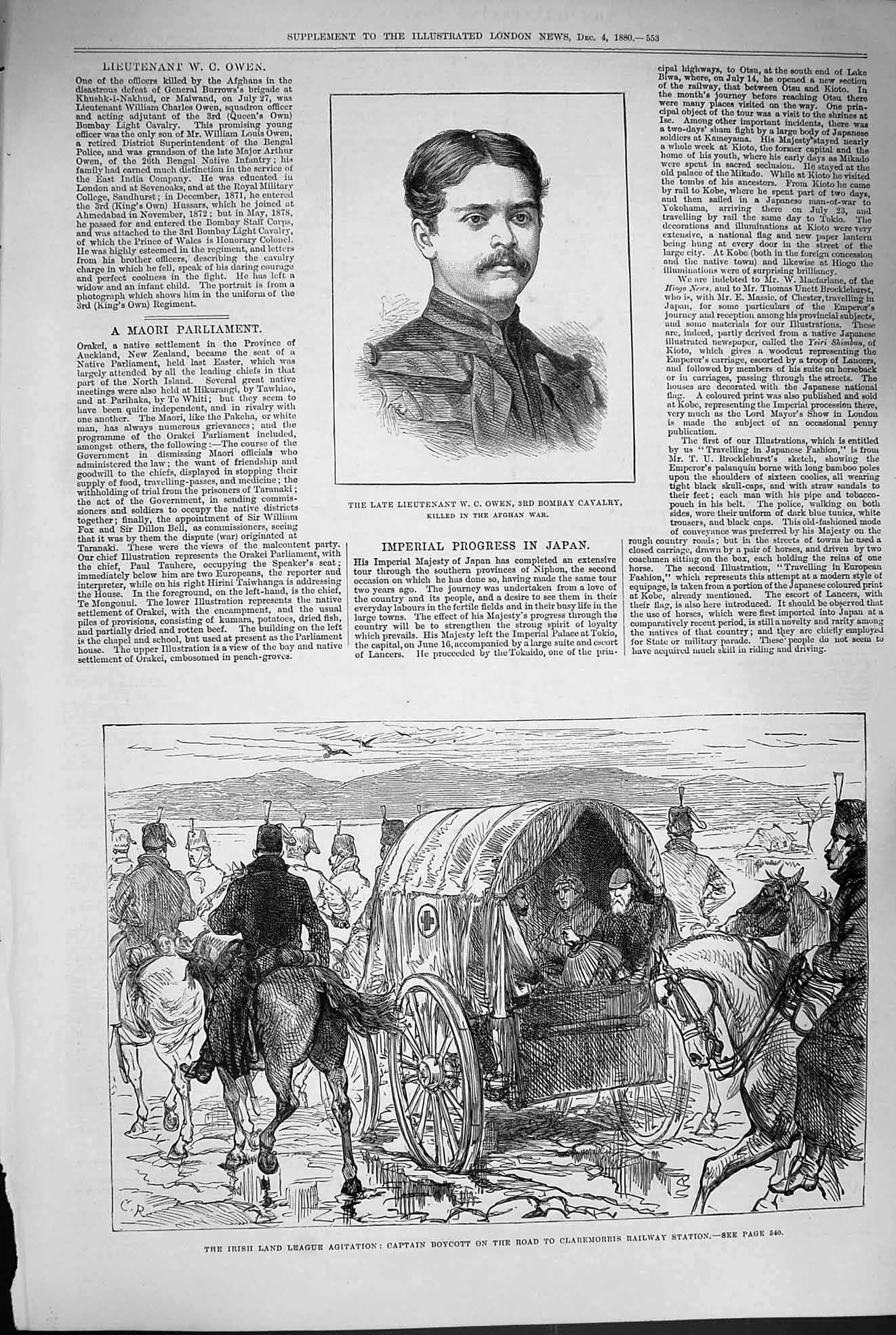 Old Antique Print 1880 Irish Land Captain Boycott Owen Bombay Cavalry War 19th