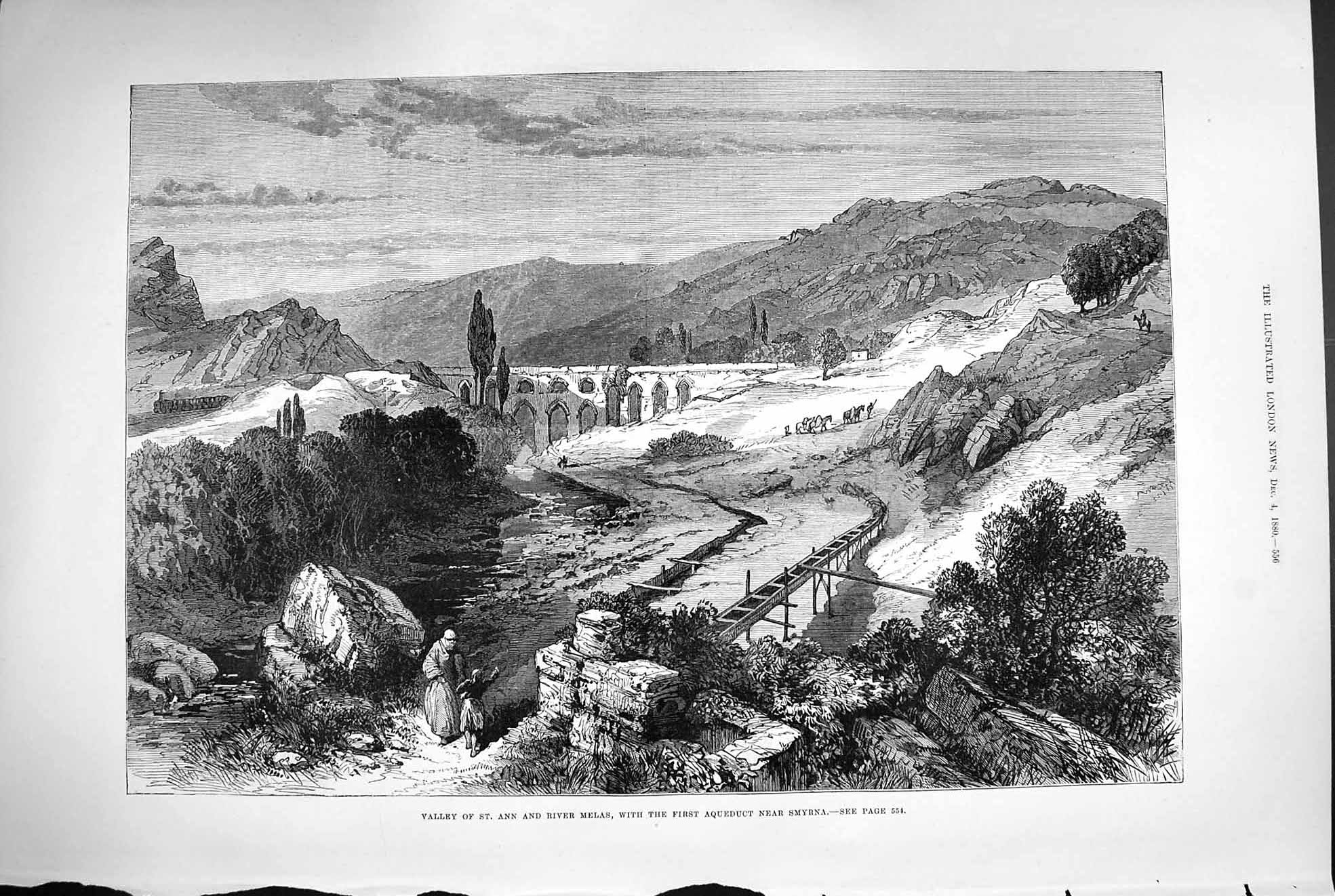 Old Antique Print 1880 Valley St. Ann River Melas Aqueduct Smyrna Hills 19th