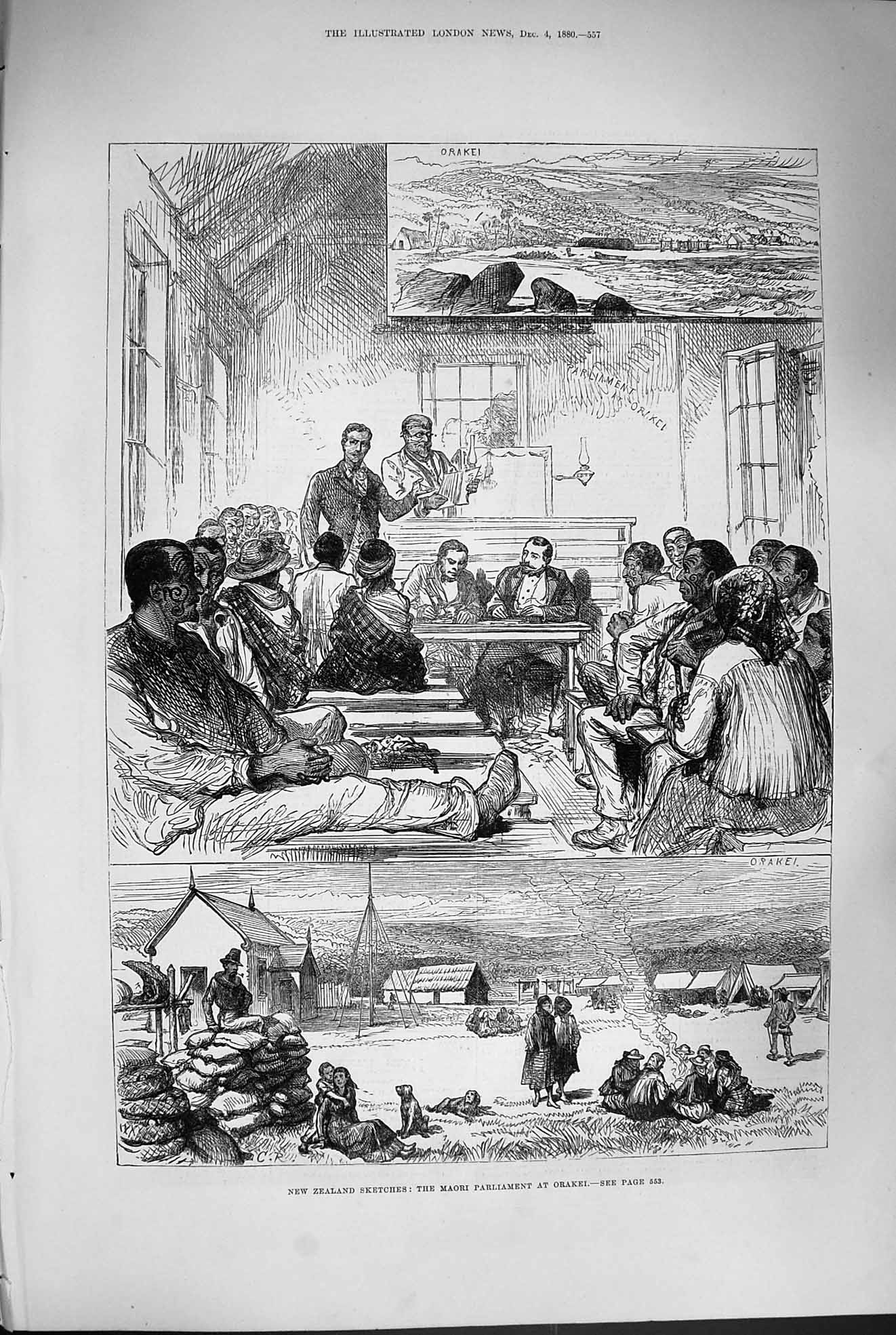Original Old Antique Print 1880 New Zealand Scene Maori Parliament Victorian