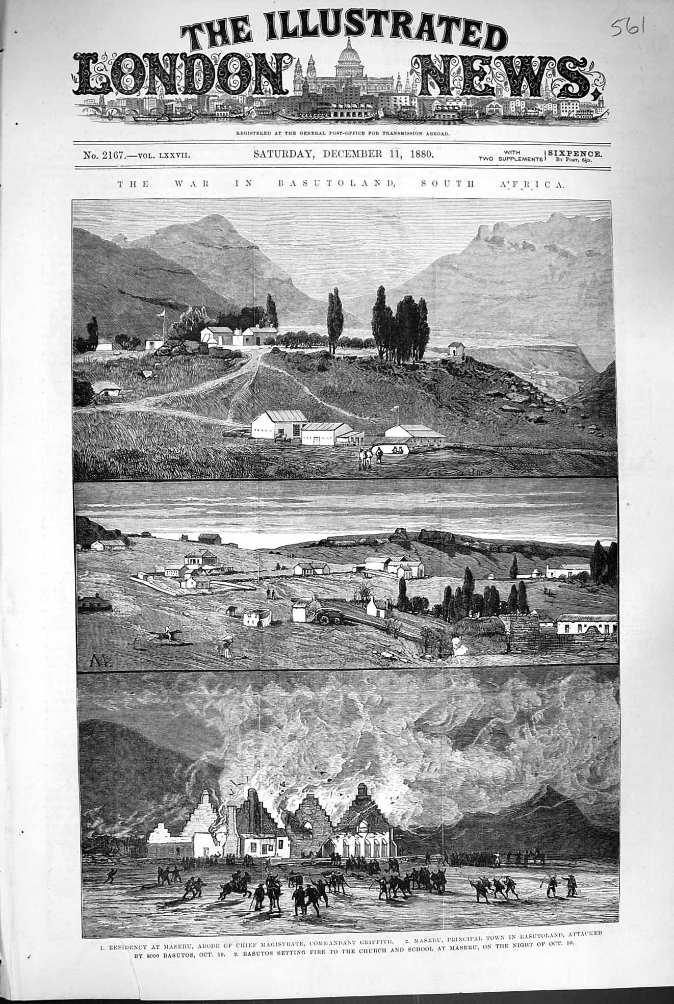 Original Old Antique Print 1880 War Basutoland Africa Maseru Griffith Church