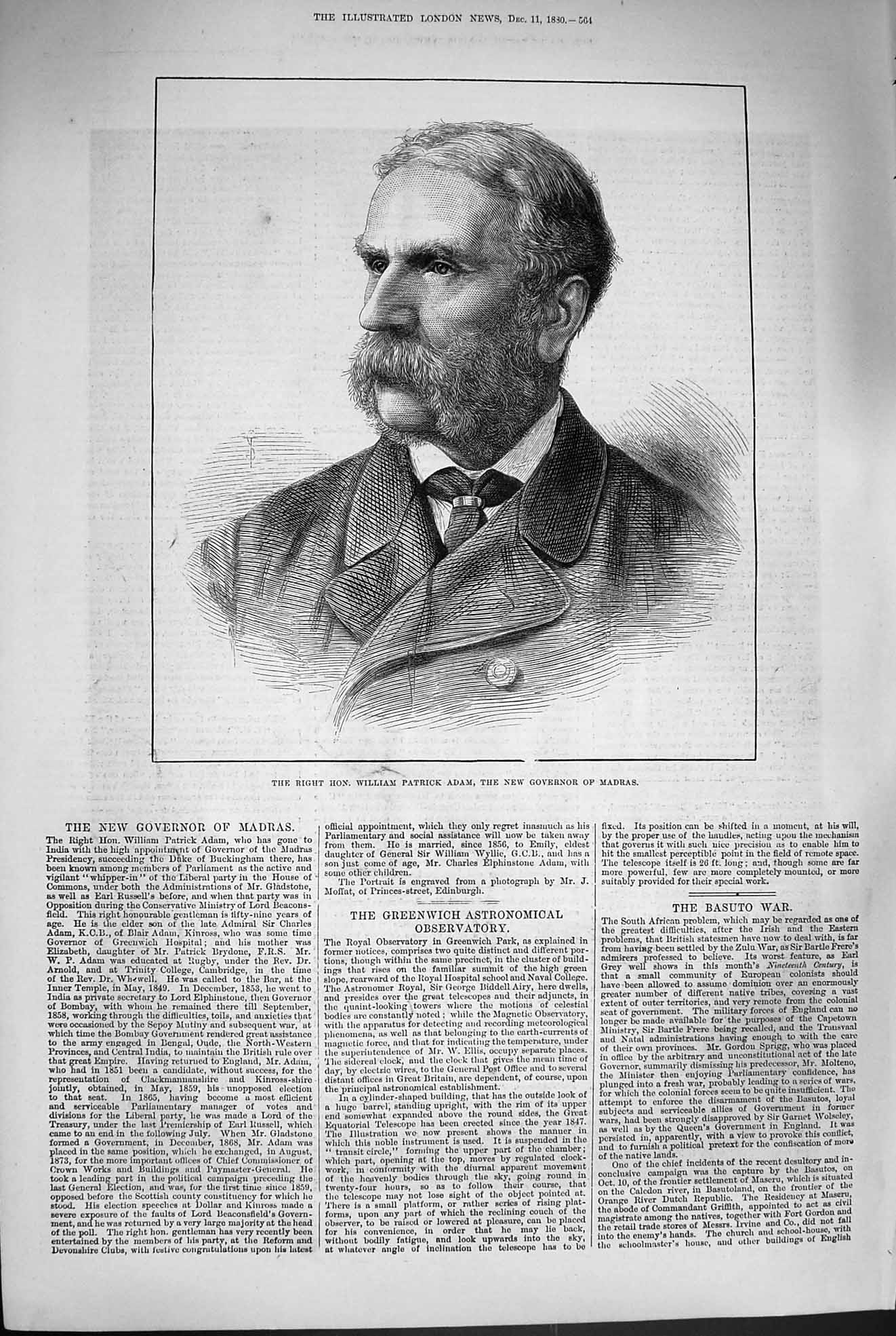 Original Old Antique Print 1880 Portrait William Patrick Adam Governor Madras