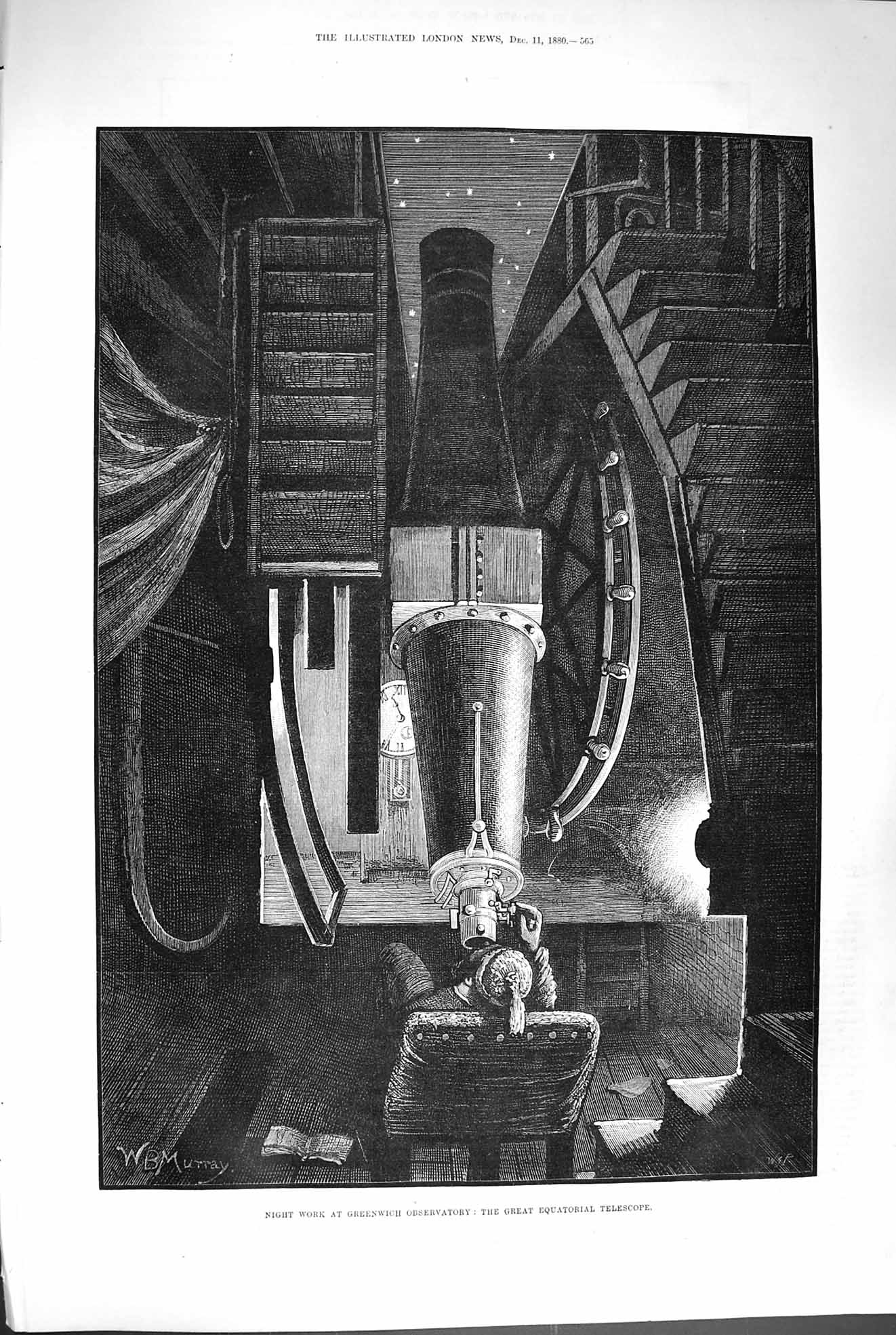 Antique Old Print *3320 1880 Greenwich Observatory Great Equatorial Telescope