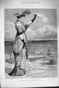Original Old Antique Print 1880 Farewell Lady Waving Scarf Sailing Yacht 19th