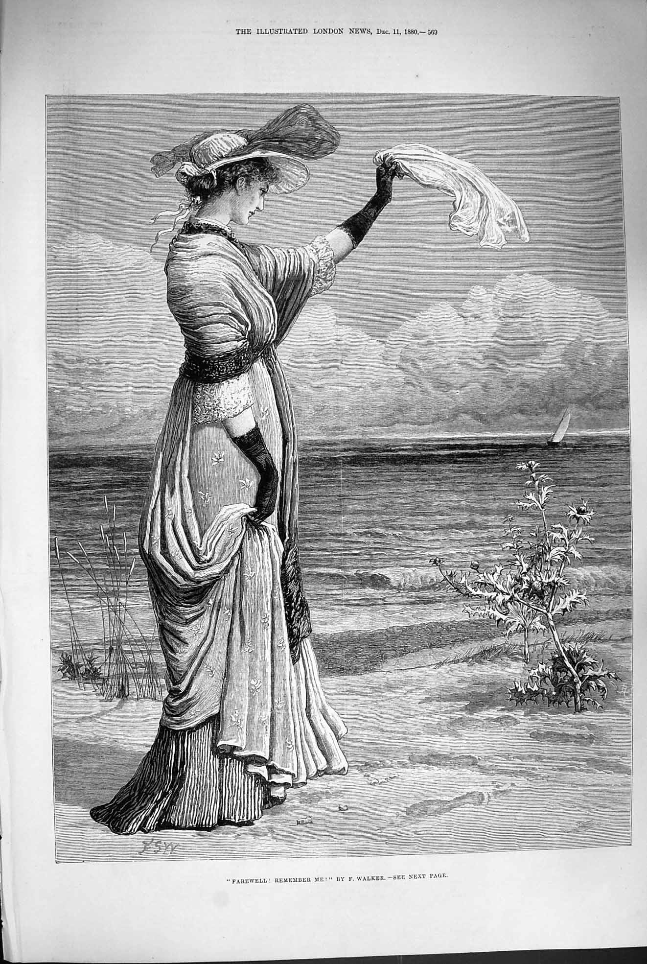 Original Old Antique Print 1880 Farewell Lady Waving Scarf Sailing Yacht 19th