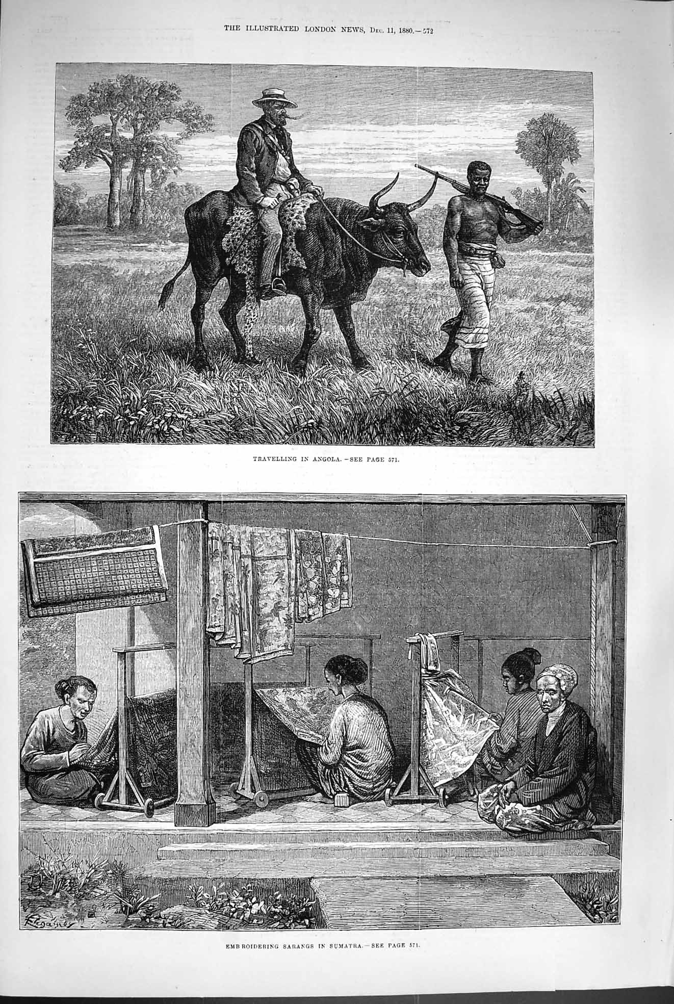 Original Old Antique Print 1880 Travelling Angola Embroidering Sarangs Sumatra
