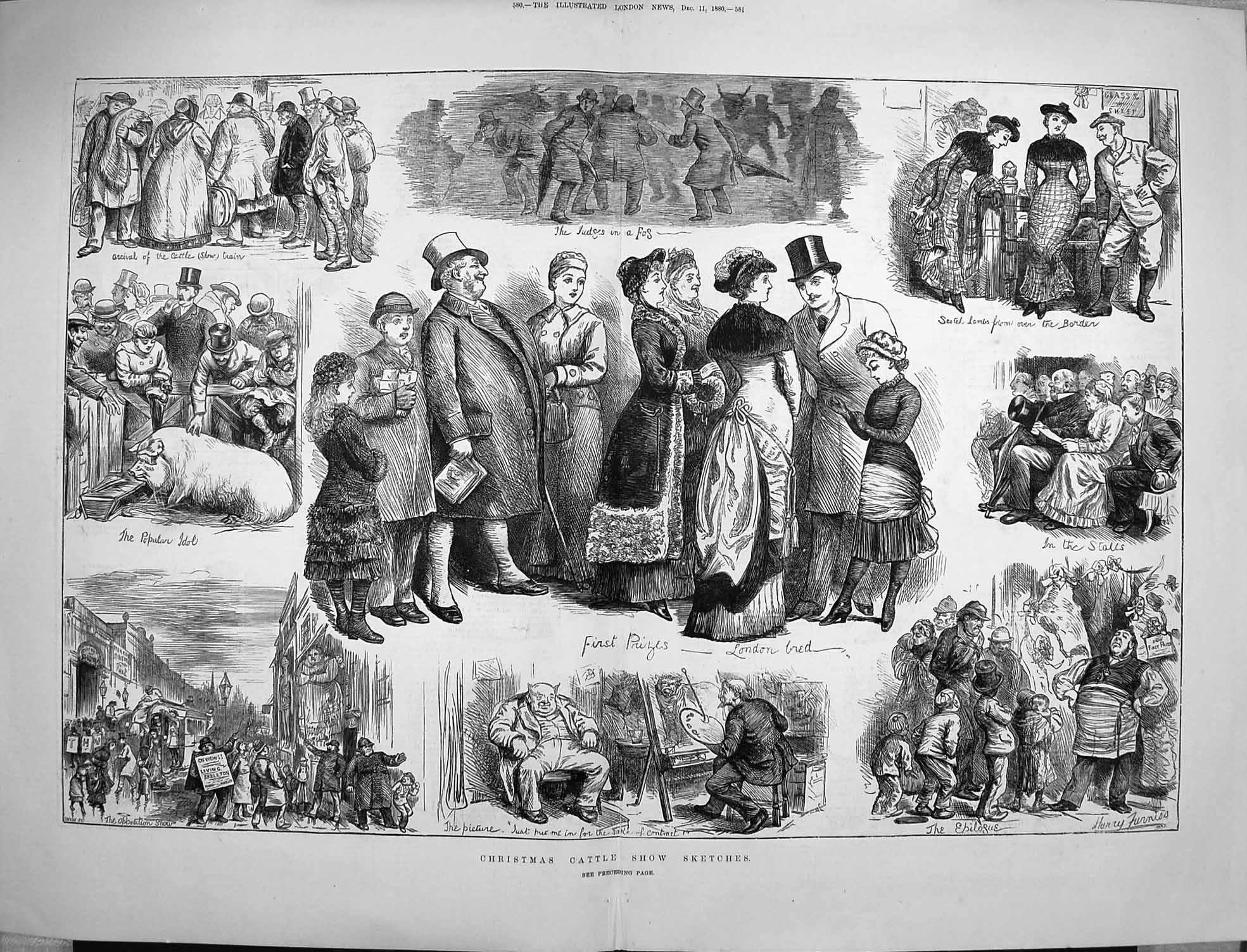 Old Antique Print 1880 Christmas Cattle Show Prizes Judges Pig Animals 19th