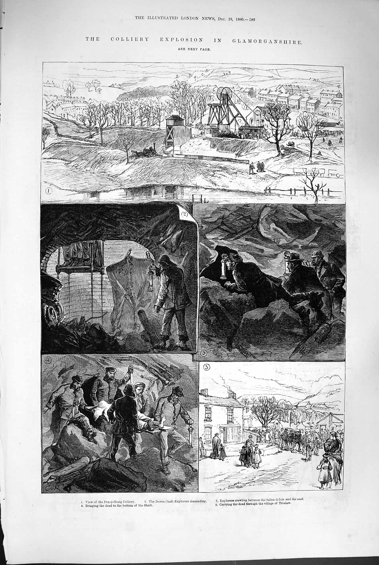 Old Antique Print 1880 Glamorganshire Mining Pen-Y-Graig Colliery Wales 19th