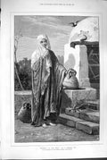 Original Old Antique Print 1880 Scene Rebekah Water Well Goodall 19th
