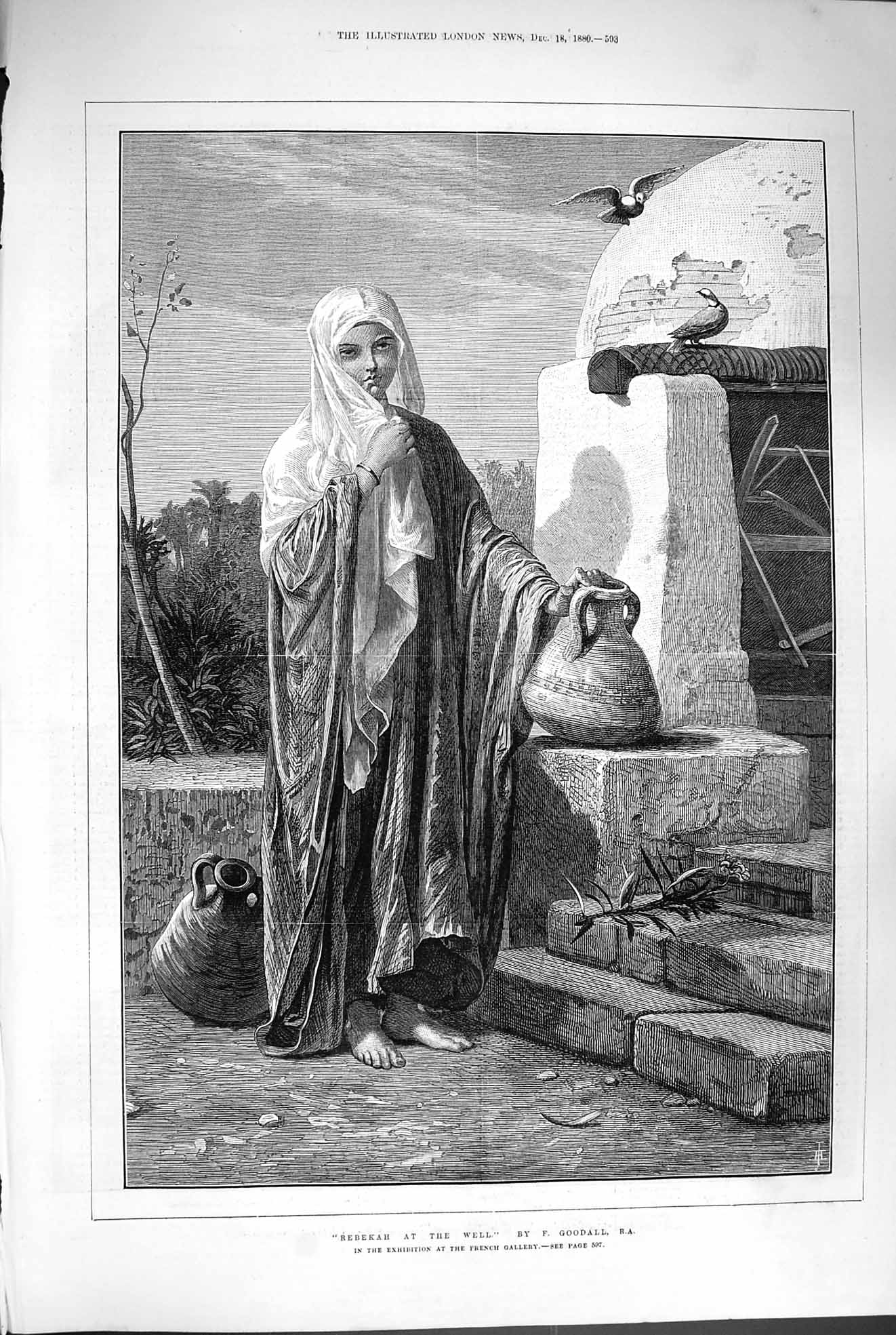 Original Old Antique Print 1880 Scene Rebekah Water Well Goodall 19th
