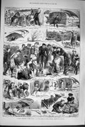Old Antique Print 1880 Happy Christmas Country Ice Skating Flying Machine 19th