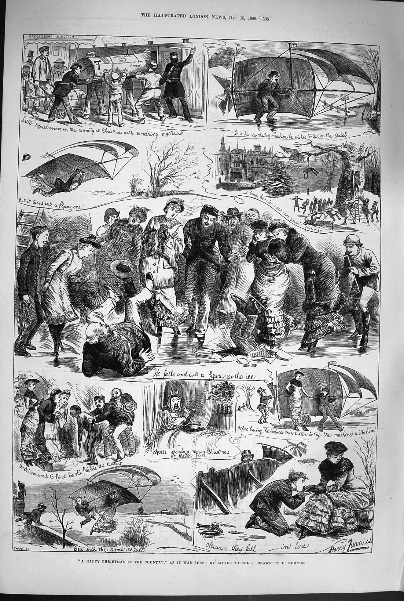 Old Antique Print 1880 Happy Christmas Country Ice Skating Flying Machine 19th