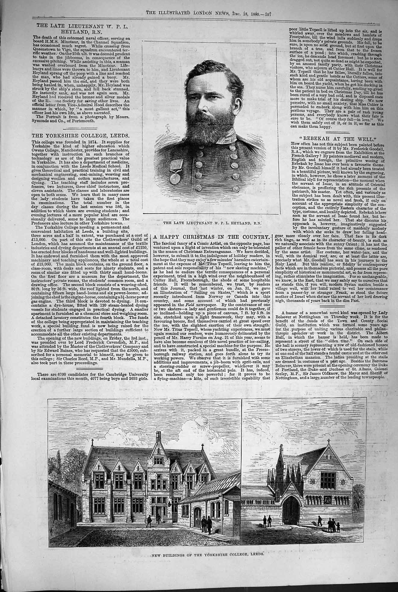 Original Old Antique Print 1880 New Yorkshire College Leeds Lieutenant Heyland