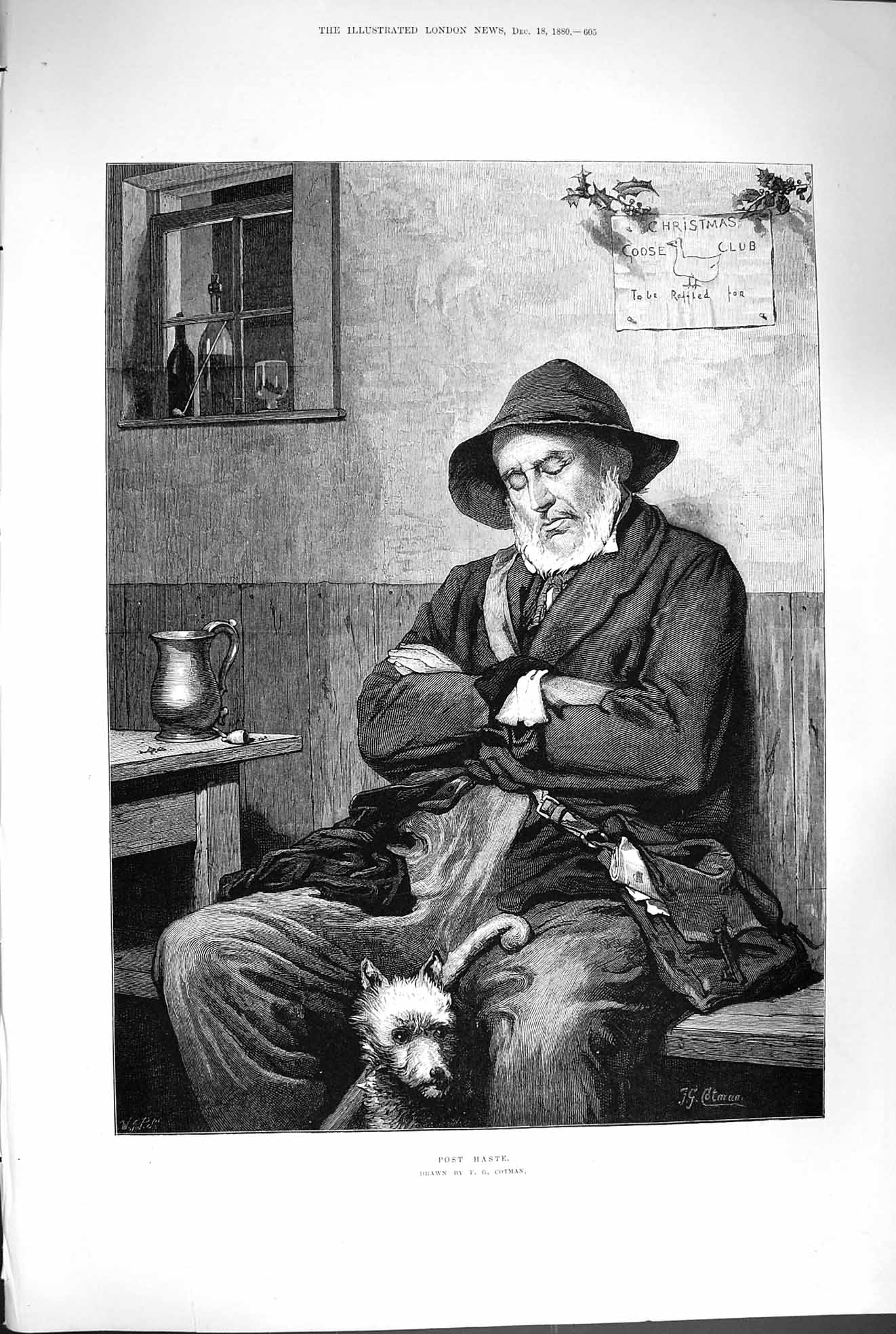 Old Antique Print 1880 Post Haste Sleeping Man Dog Public House Christmas 19th