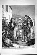 Original Old Antique Print 1880 Family Buying Christmas Tree Mentone France