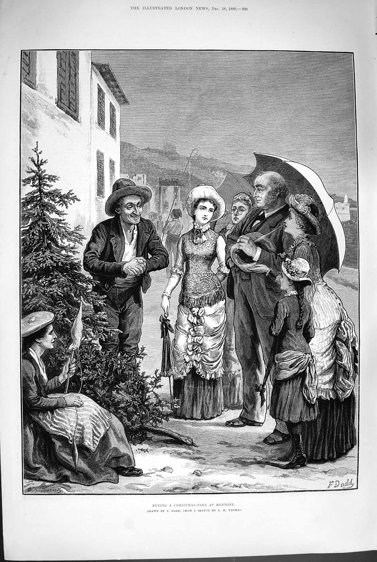 Original Old Antique Print 1880 Family Buying Christmas Tree Mentone France