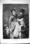 Original Old Antique Print 1880 Family Christmas Carol Singing Lionel Smythe