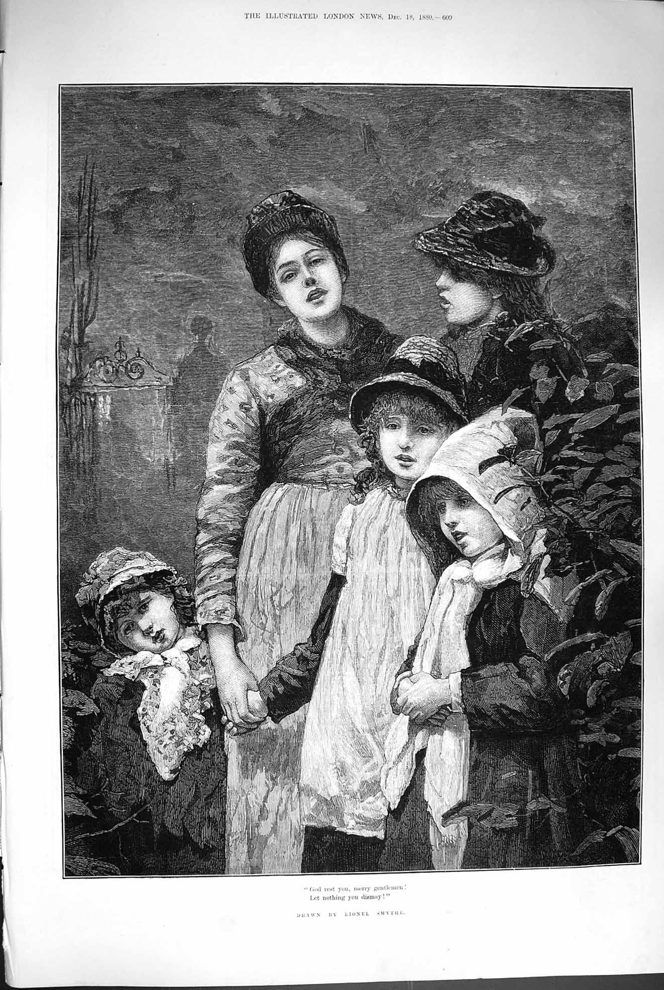 Original Old Antique Print 1880 Family Christmas Carol Singing Lionel Smythe