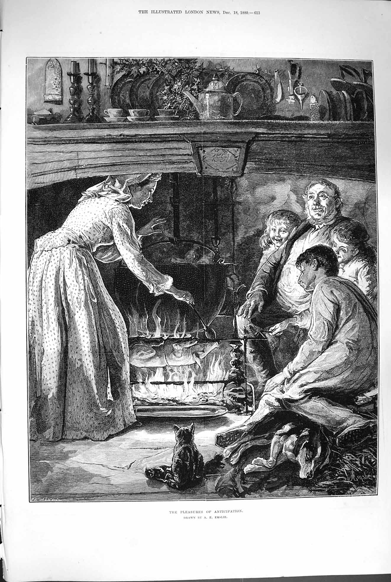 Old Antique Print 1880 Pleasures Anticipation Mother Cooking Dinner Fire 19th