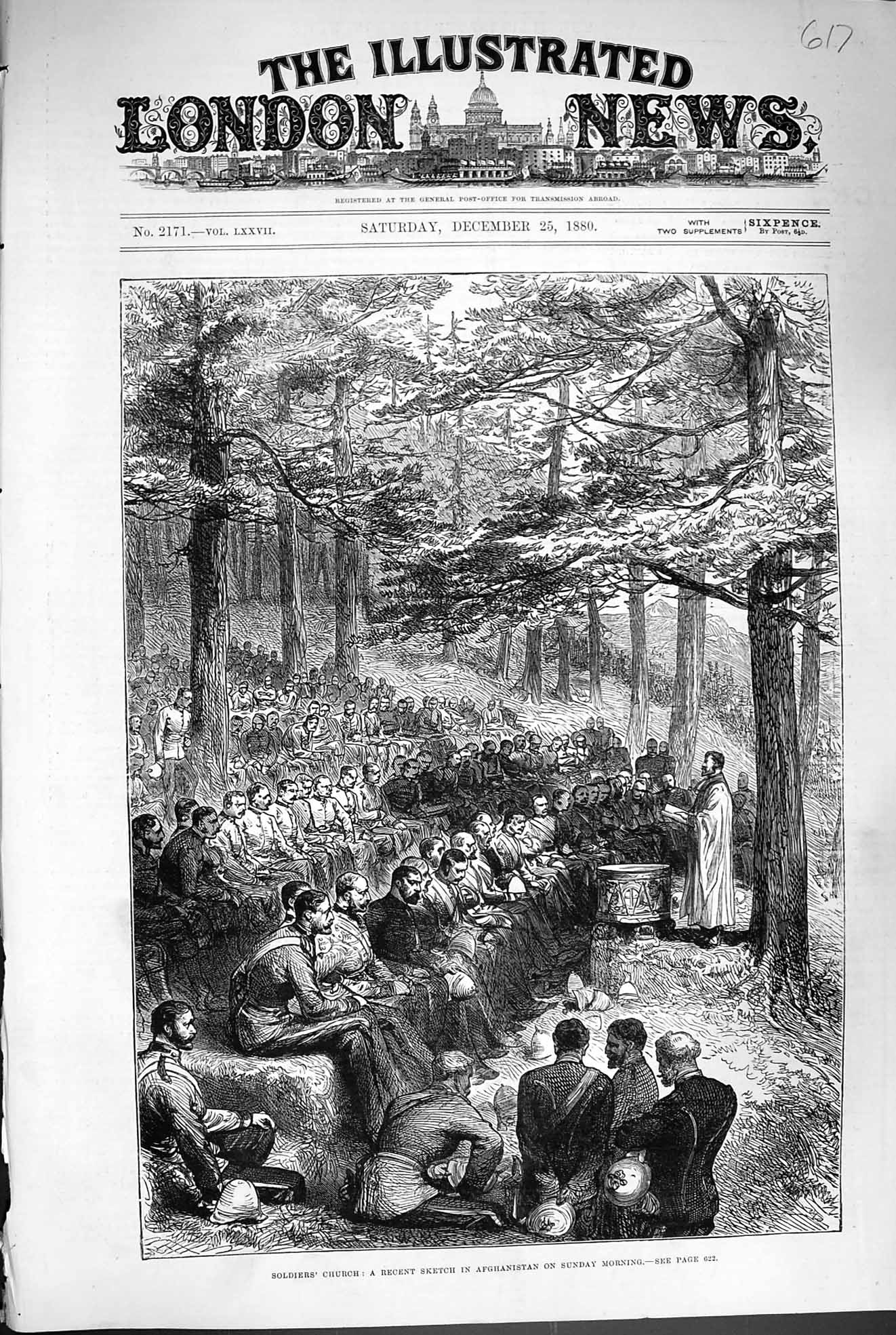 Original Old Antique Print 1880 Siers Sunday Church Service Afghanistan War
