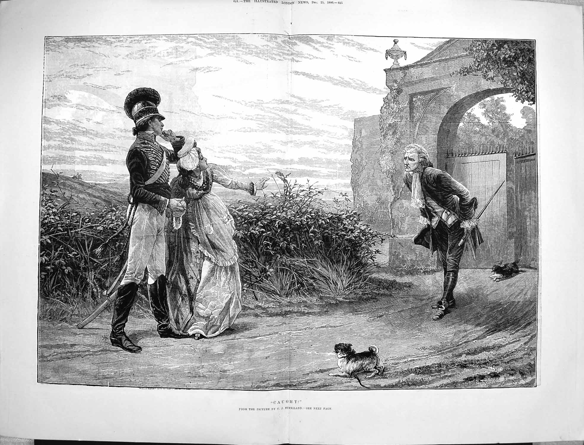 Original Old Antique Print 1880 Caught Lady Siers Romance Dog Staniland 19th
