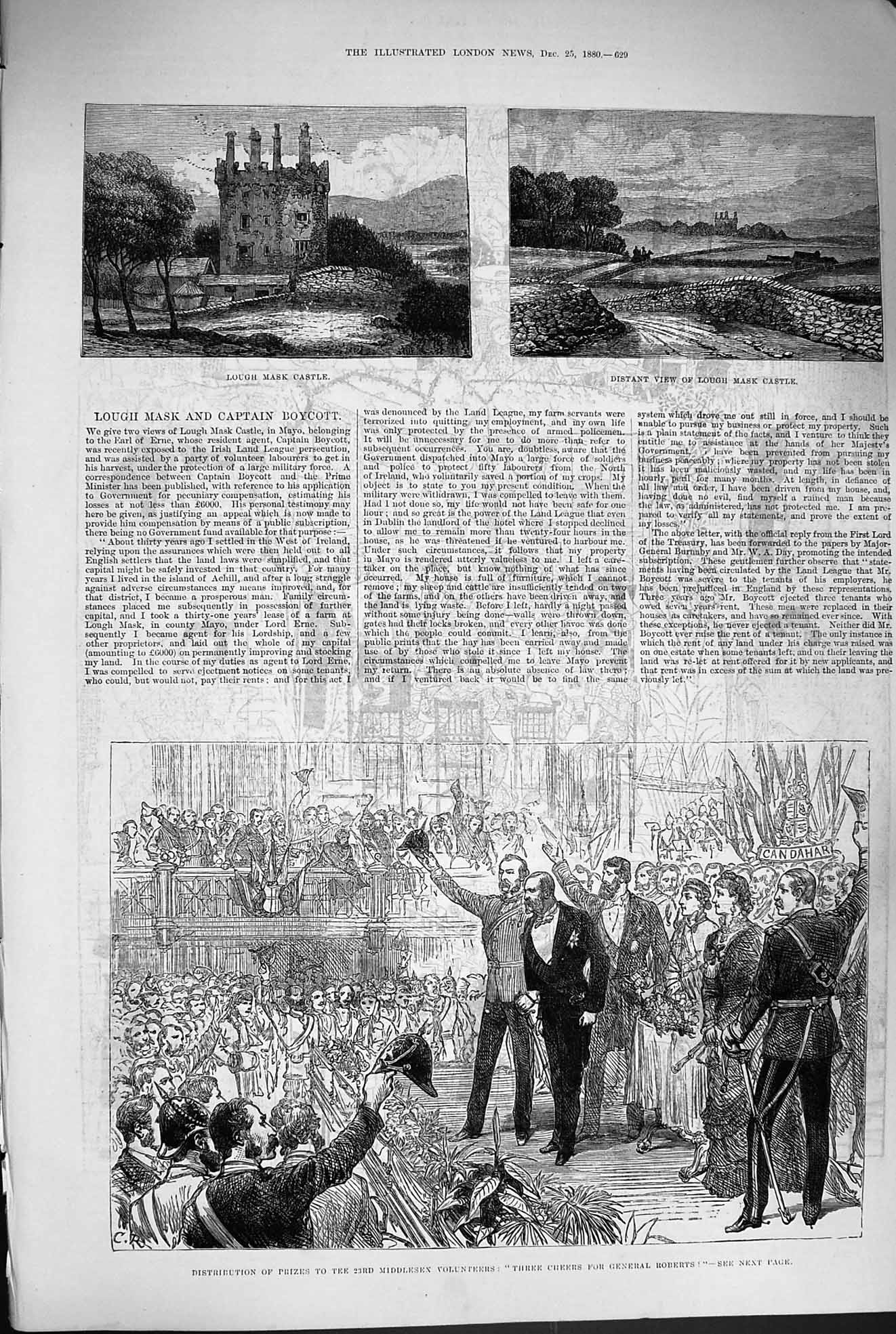 Original Old Antique Print 1880 Lough Mask Castle Ireland General Roberts Rifle