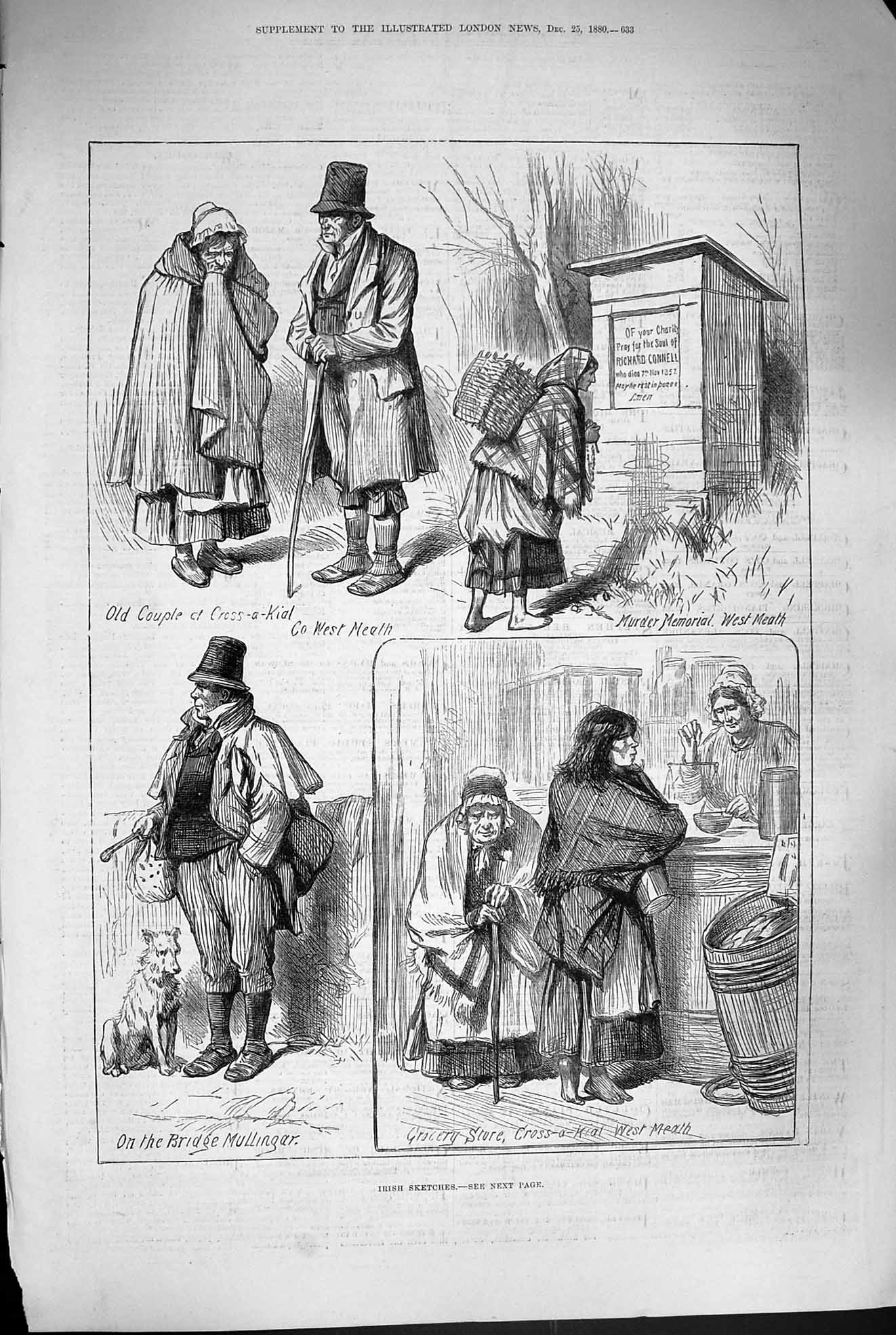 Original Old Antique Print 1880 Ireland Bridge Mullingar Grocery Stor Victorian