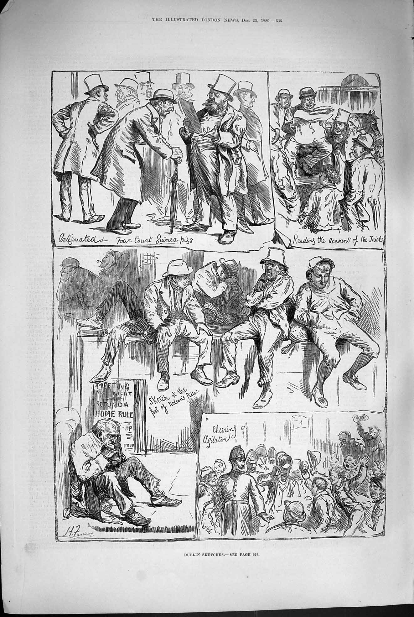 Original Old Antique Print 1880 Dublin Nelson'S Pillar Policeman Ireland Street