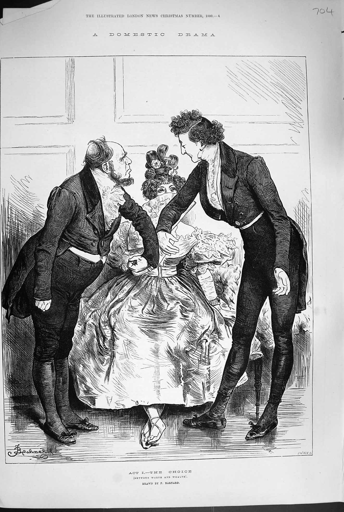 Original Old Antique Print 1880 Domestic Drama Lady Men Romance Worth Wealth
