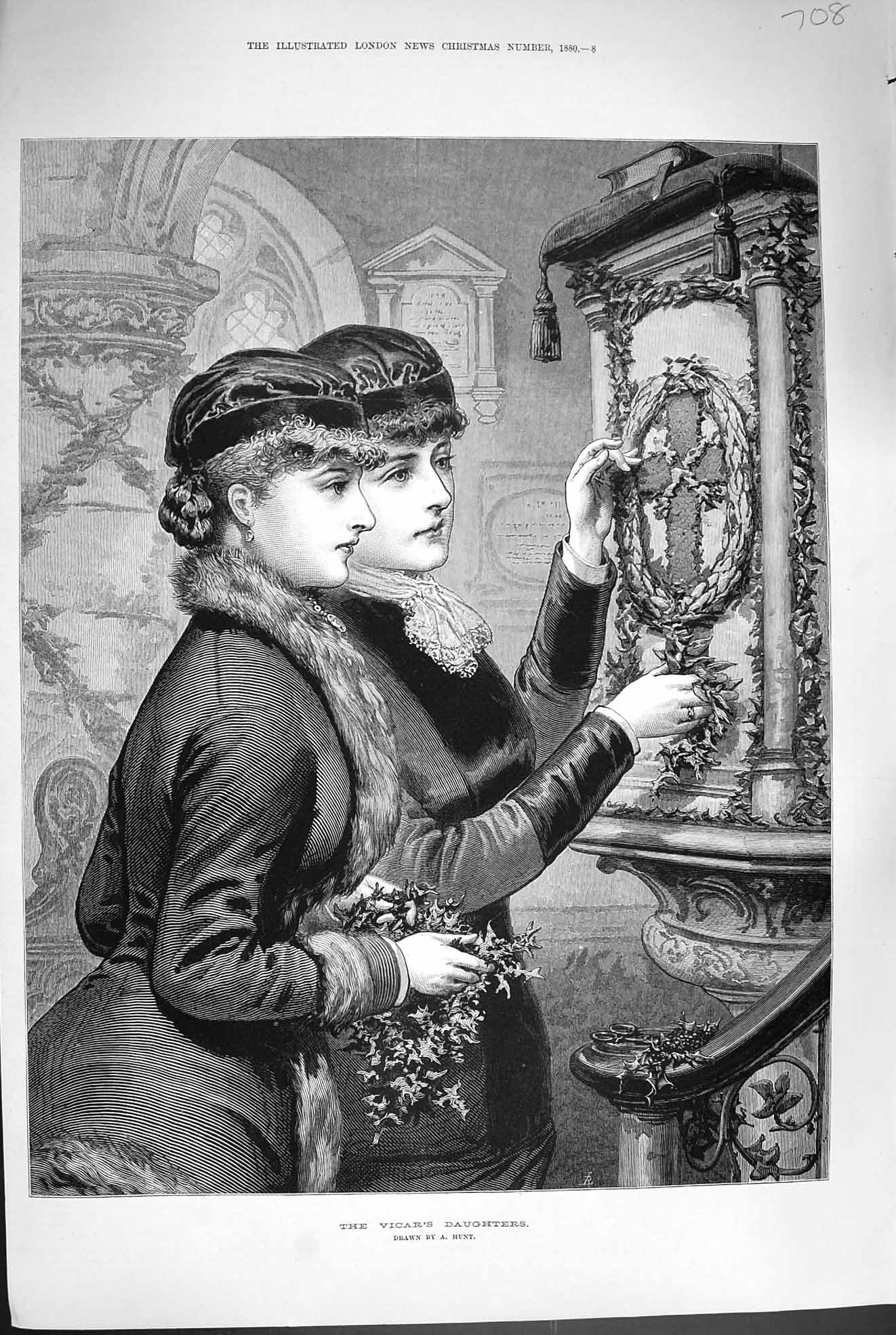 Original Old Antique Print 1880 Portrait Vicars Daughters Beautiful Girls 19th