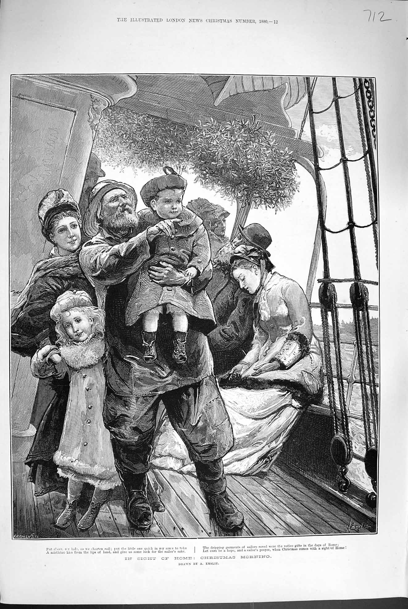 Original Old Antique Print 1880 Christmas Morning Passenger Ship Fine Art 19th