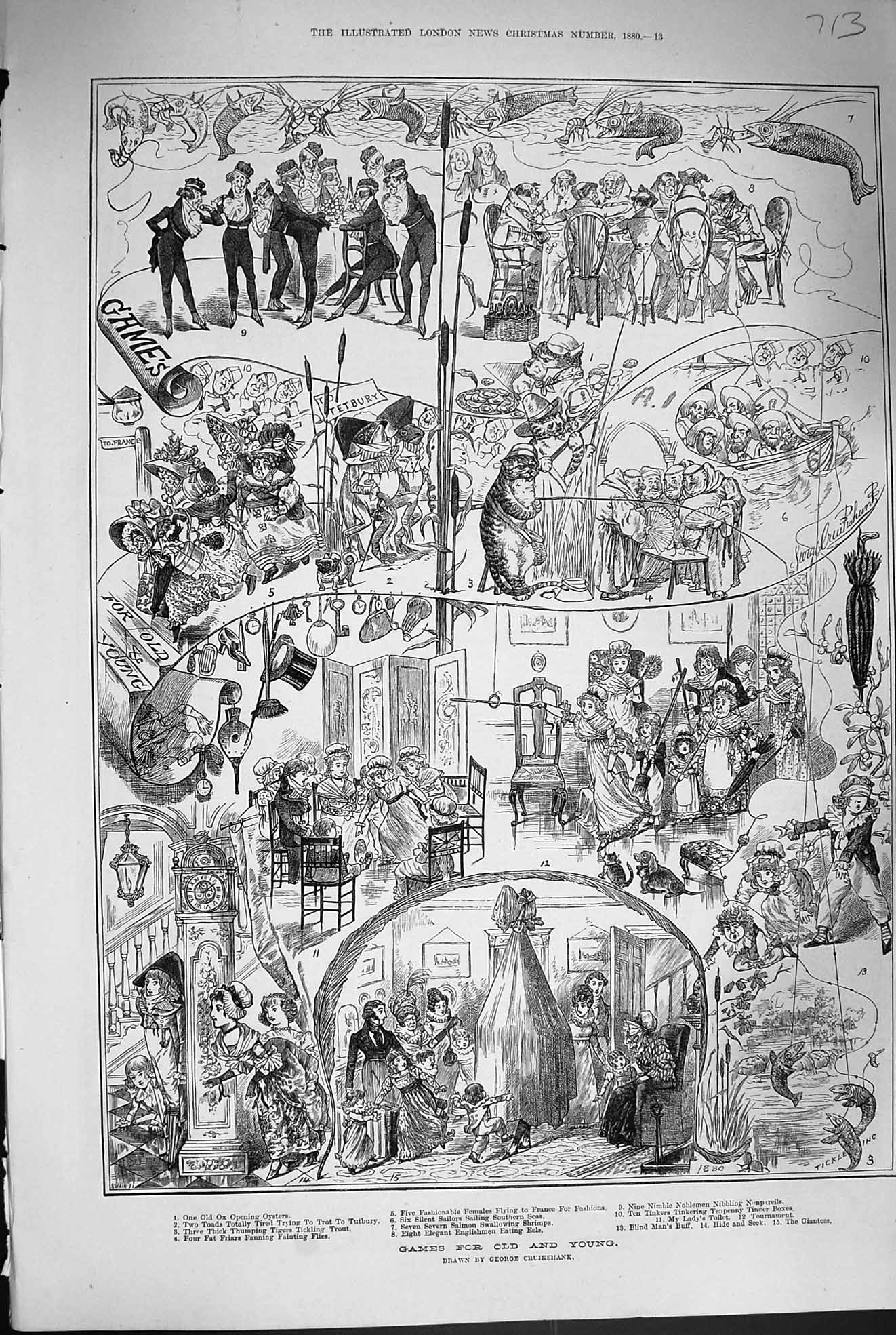 Original Old Antique Print 1880 Games Young Fishing Blind Man'S Buff Comedy