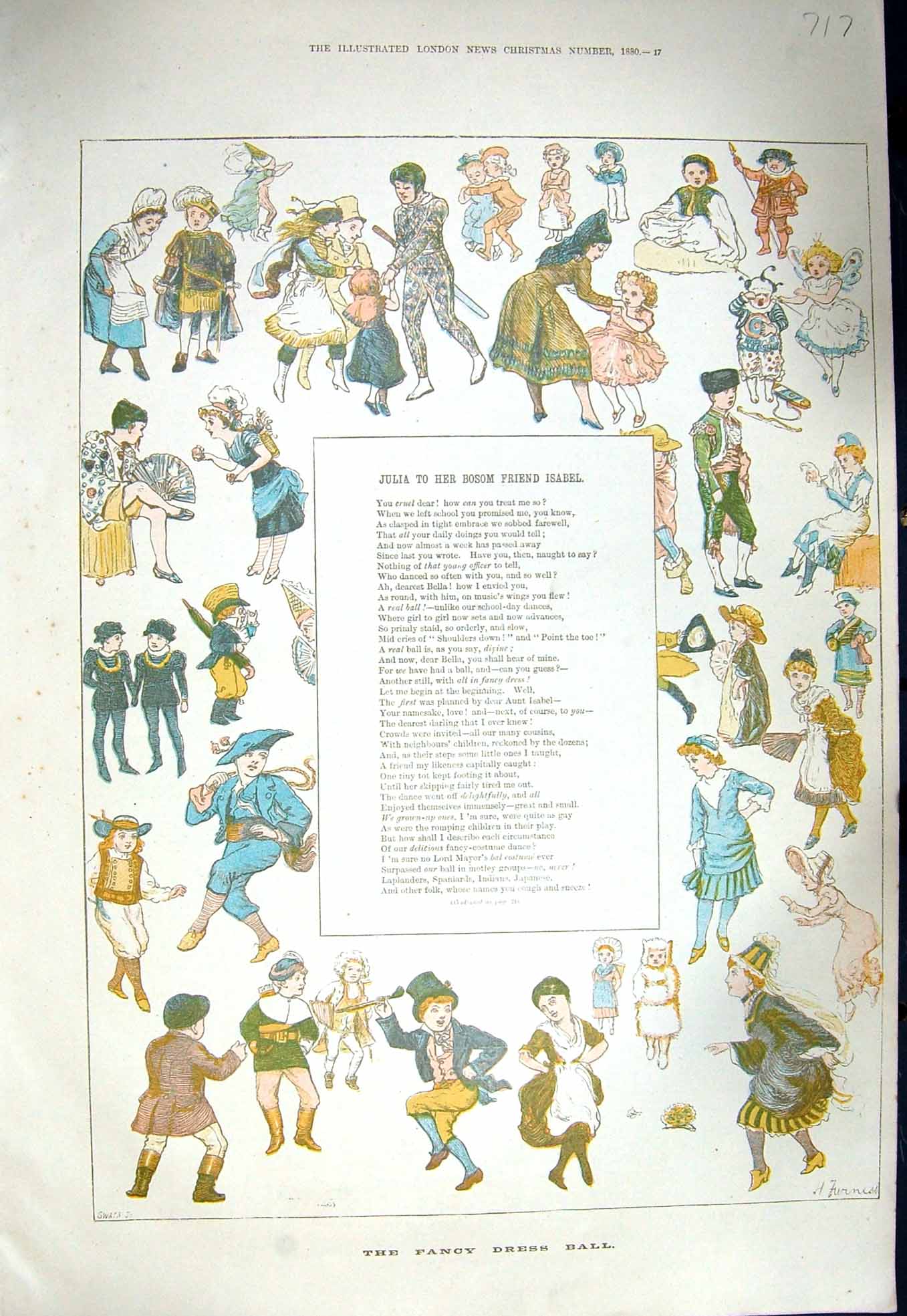 Original Old Antique Print 1880 Children Fancy Dress Ball Costumes Julia Isabel