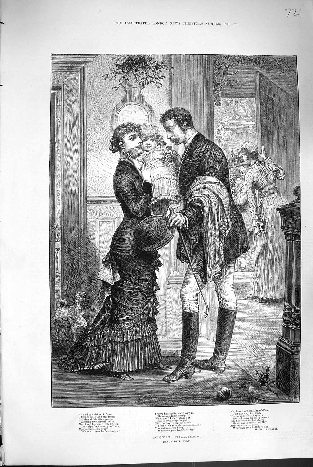 Old Antique Print 1880 Poem Savile Clarke Mother Little Girl Man Huntsman 19th