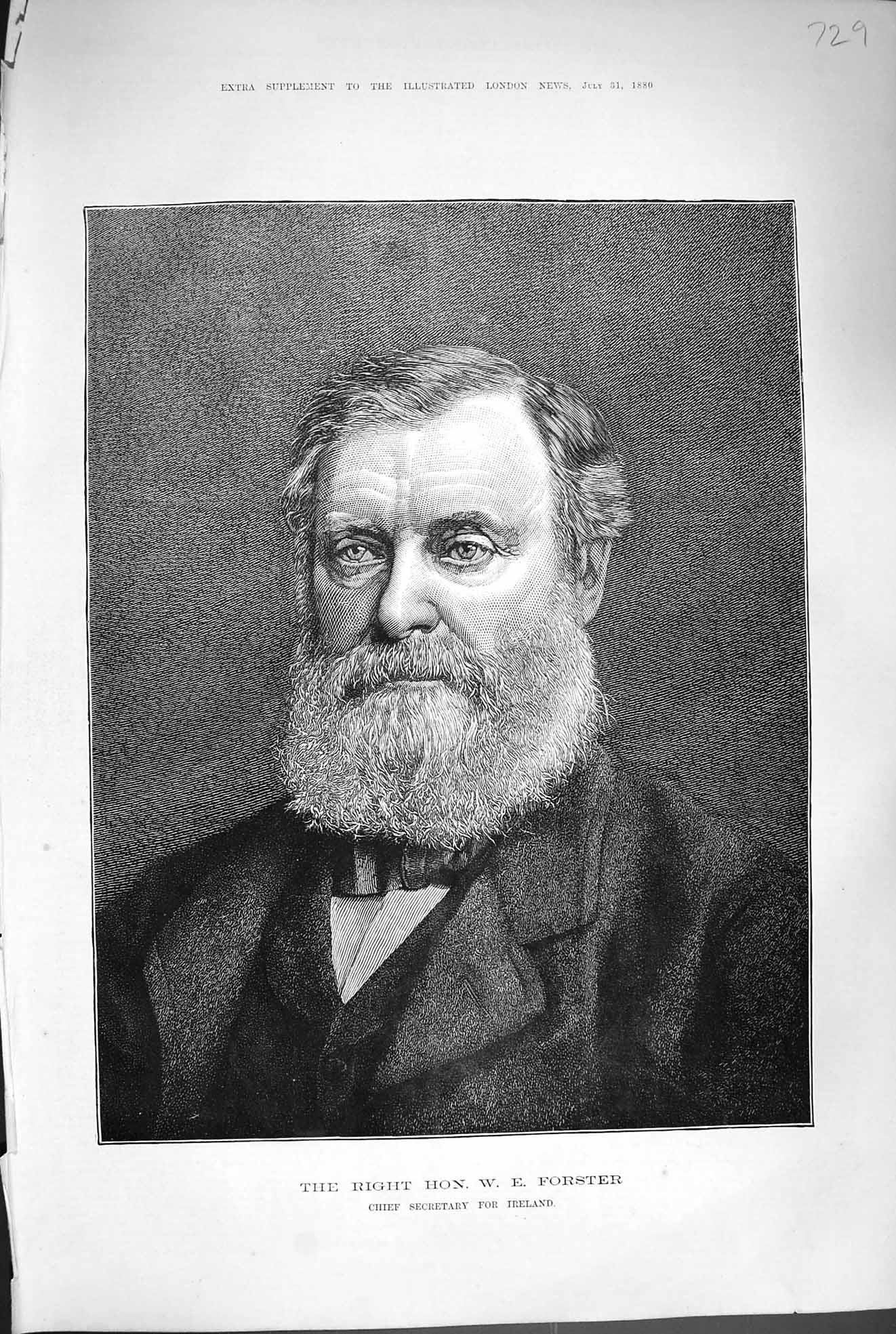 Original Old Antique Print 1880 Portrait E. Forster Secretary Ireland Victorian