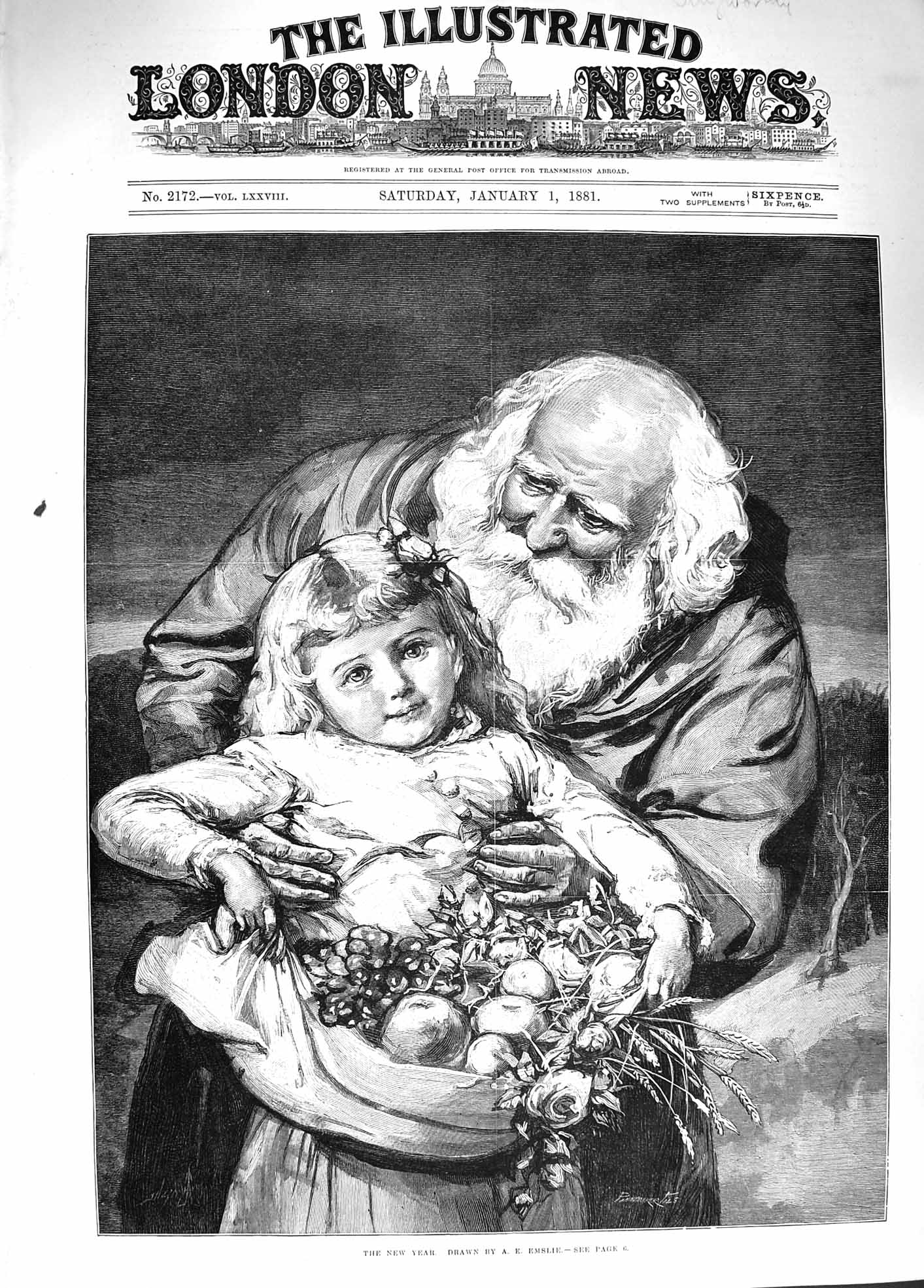 Original Old Antique Print 1881 New Year Man Little Girl Fruit 19th
