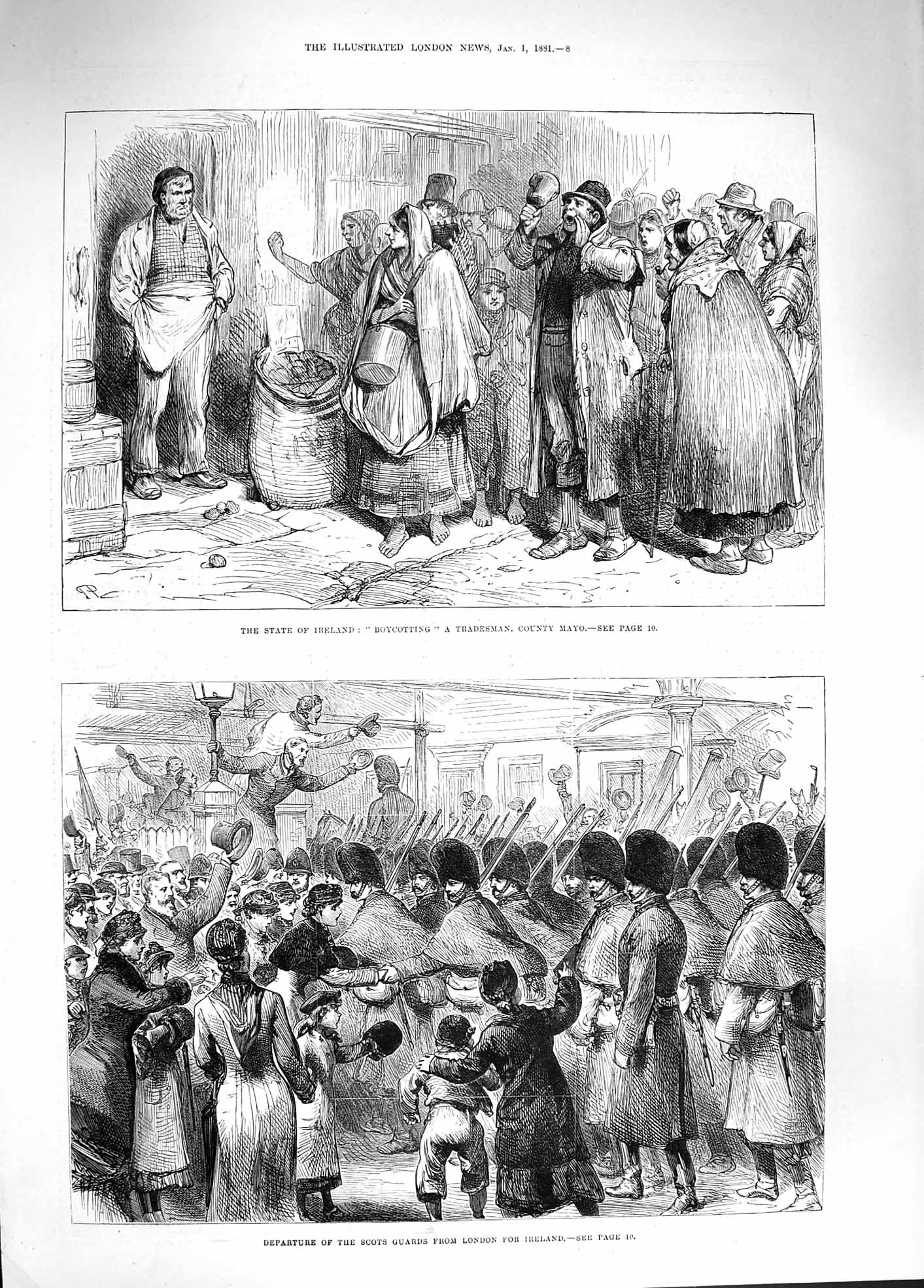 Original Old Antique Print 1881 Ireland Boycotting Tradesman County Mayo Guards