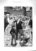 Original Old Antique Print 1881 Seasonable Compliment Crowning Hero Man Ladies