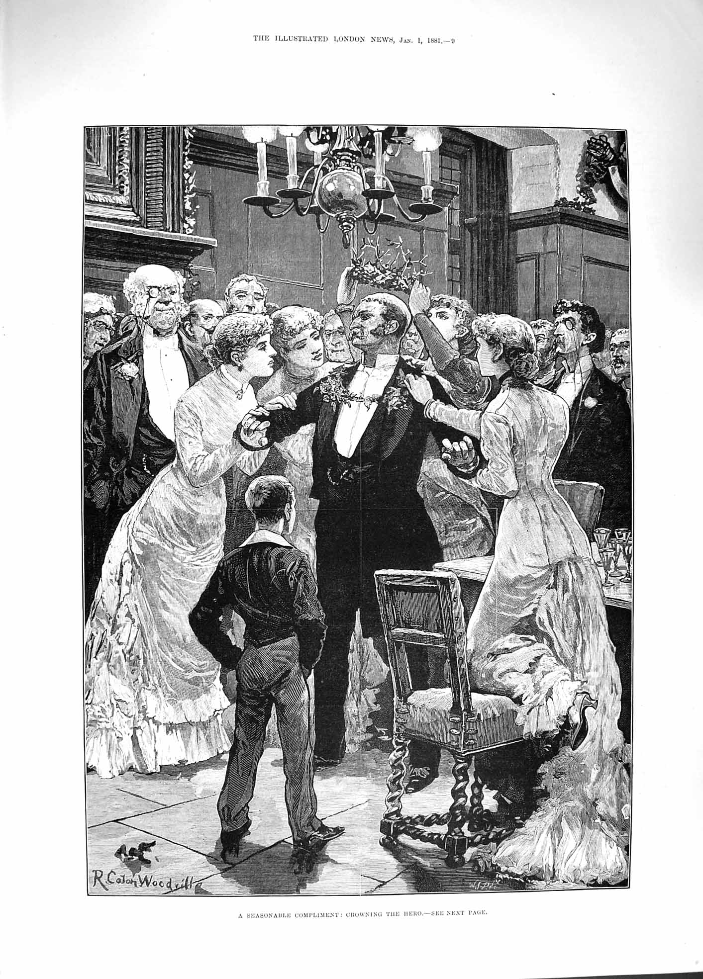 Original Old Antique Print 1881 Seasonable Compliment Crowning Hero Man Ladies