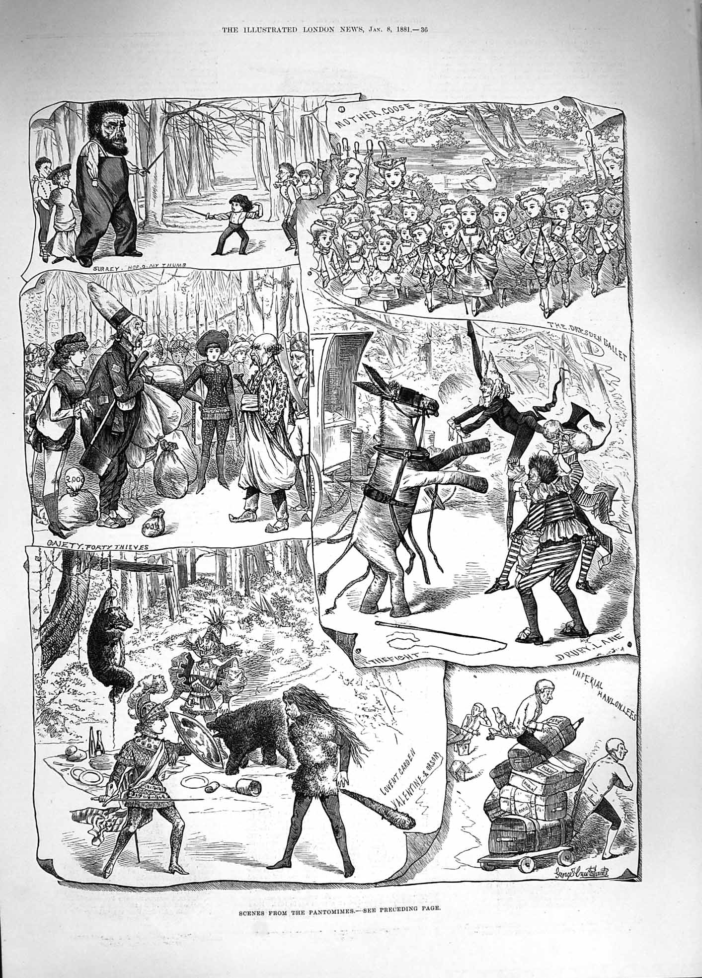 Original Old Antique Print 1881 Pantomime Theatre Gaiety Drury Covent Mothe 19th