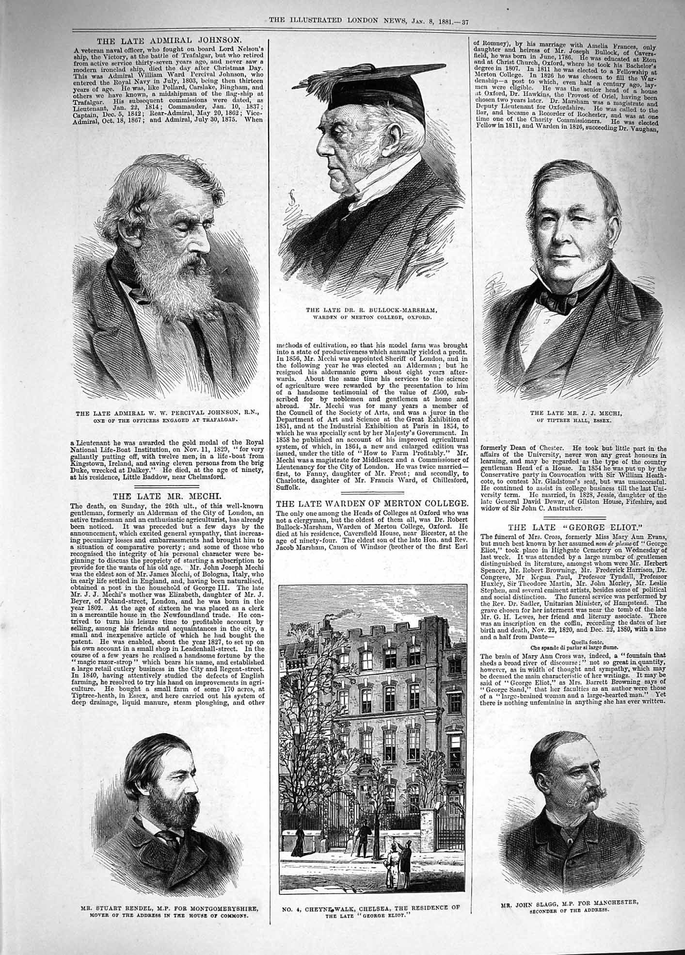 Original Old Antique Print 1881 Cheyne Walk Chelsea Slagg Rendel Johnson Mechi