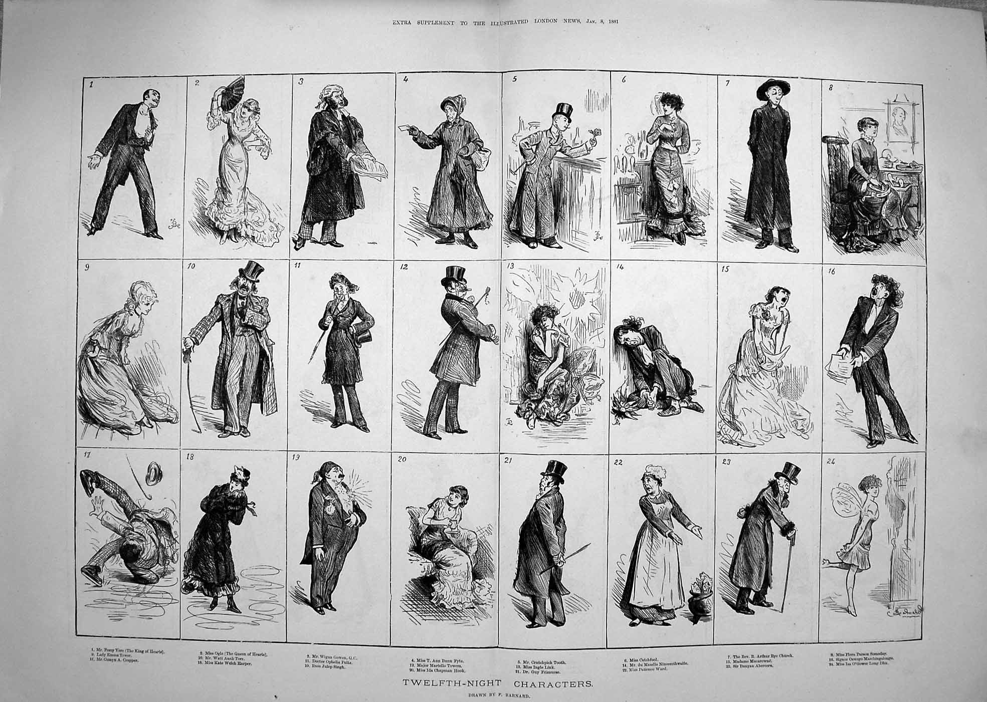 Old Antique Print 1881 Twelfth-Night Characters Catchfool Hook Theatre 0 19th