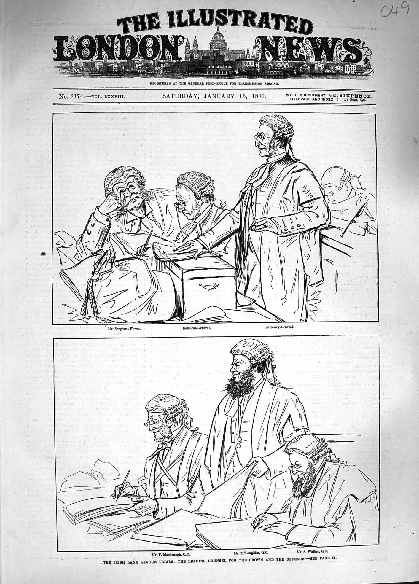 Original Old Antique Print 1881 Irish Land League Trial Macdonogh Walker Heron