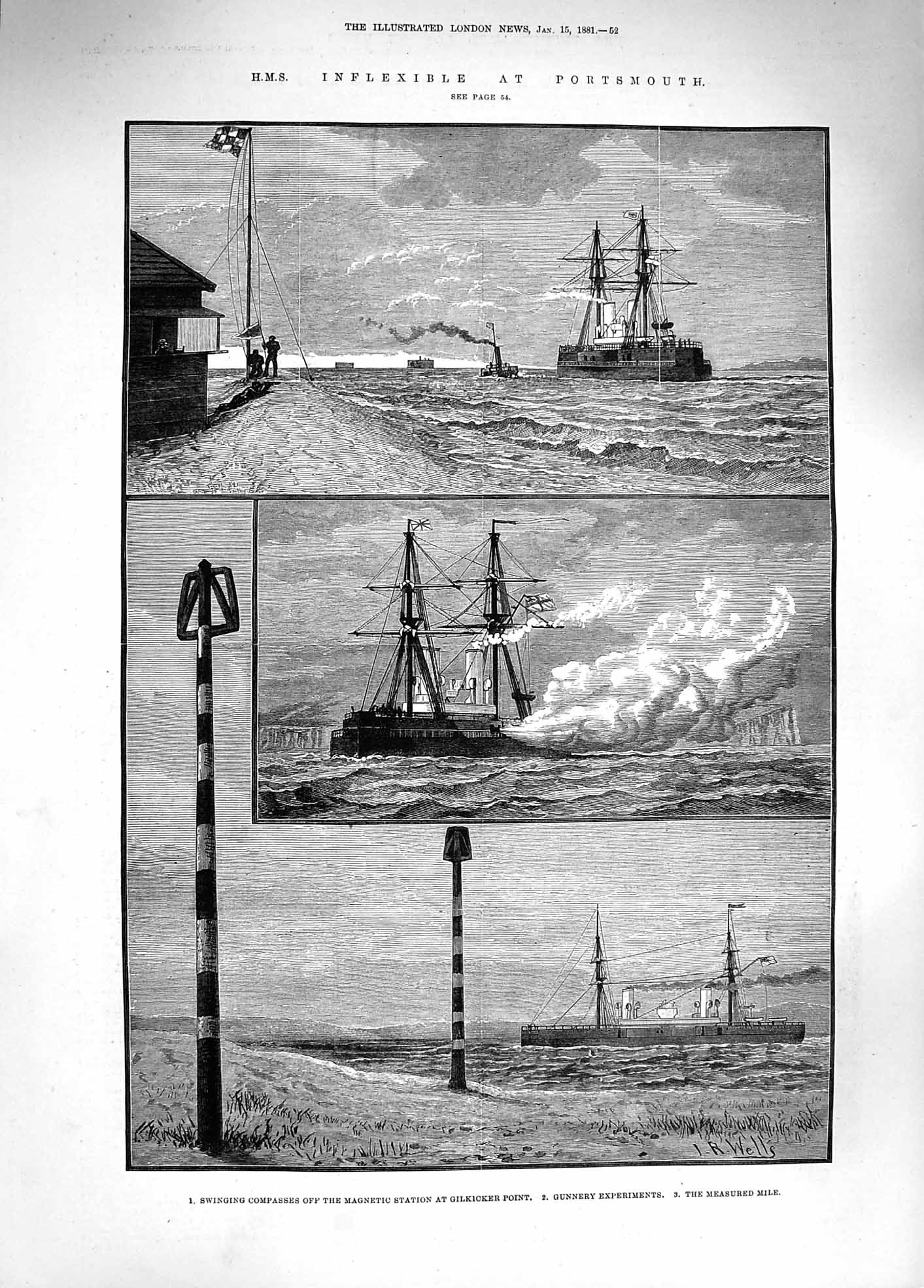 Original Old Antique Print 1881 Ship Inflexible Portsmouth Gilkicker Compasses
