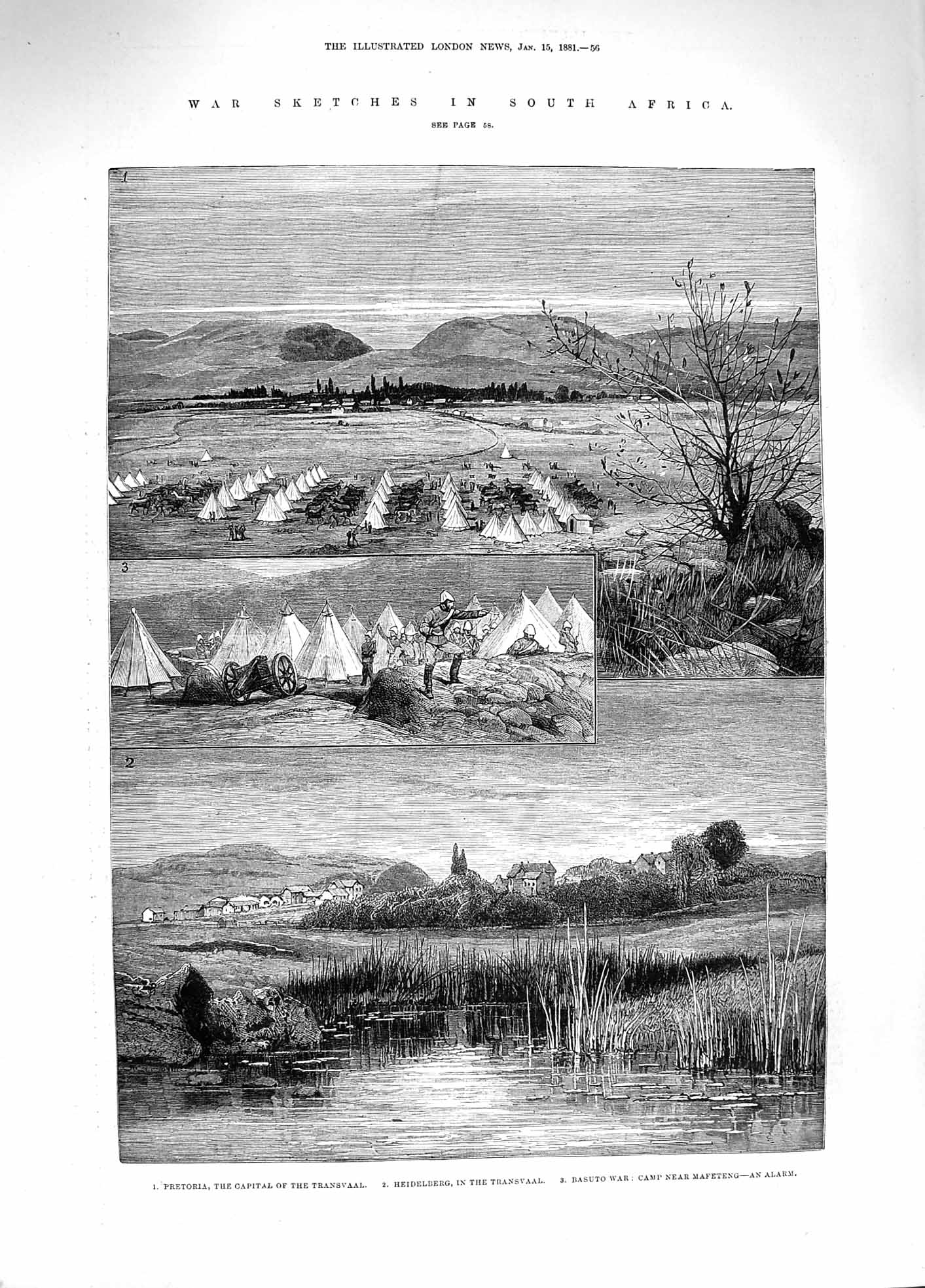 Original Old Antique Print 1881 War Africa Pretoria Transvaal Heidelberg Basuto