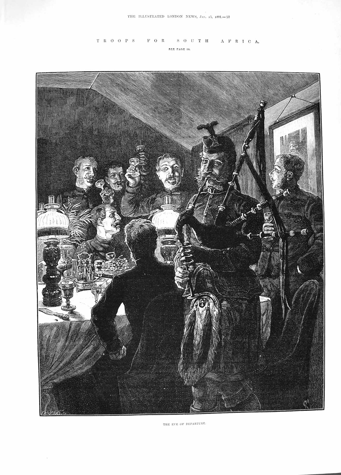Original Old Antique Print 1881 Troops South Africa War Eve Departure Bagpipes